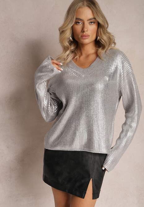 Srebrny Połyskujący Sweter z Trójkątnym Dekoltem Werinna 4