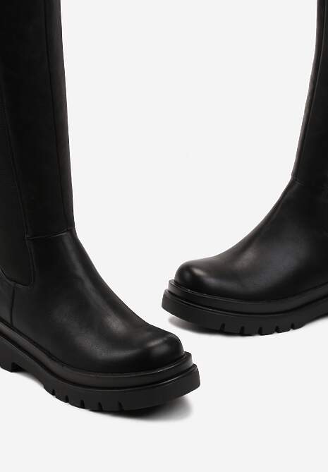 Cizme Negre Grunge Peste Genunchi Inserție Material Plată Belitha 5