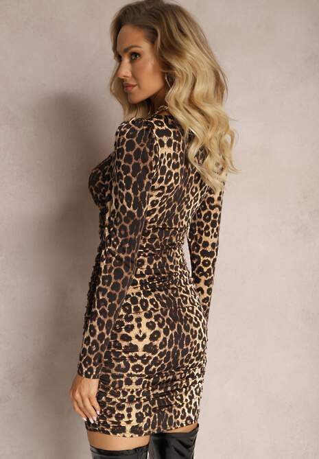 Brązowa Dopasowana Sukienka Mini z Ozdobnym Marszczeniem Mocono 5