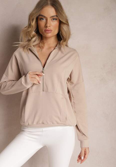 Beżowa Bawełniana Bluza z Półgolfem i Suwakiem Splendeur 4