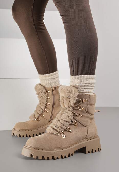 Ciemnobeżowe Traperki z Imitacji Zamszu ze Sznurowaniem i Futerkiem Cynthara 5