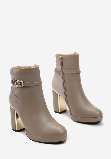 Botine bej închis cu toc gros și curea decorativă cu cataramă Depisa 4
