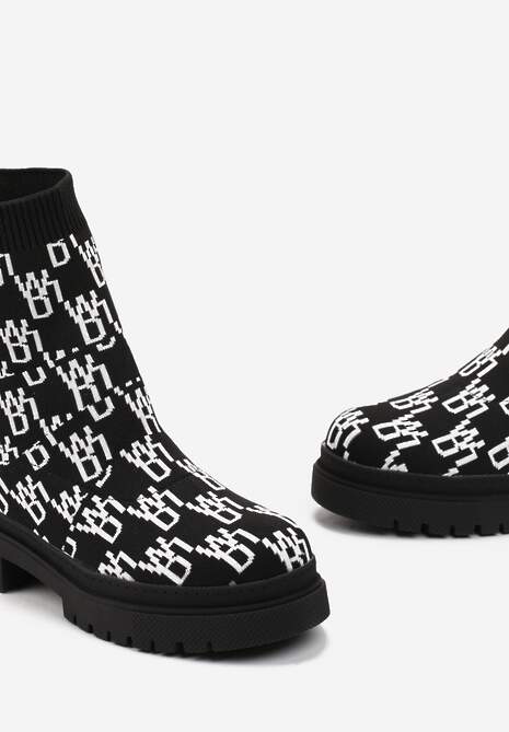 Czarno-Białe Botki na Płaskim Obcasie ze Elastyczną Skarpetkową Cholewką w Monogramy Cabaria 5