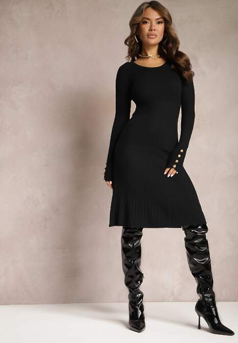 Rochie Neagră Midi Tricotaj Cashmere și Lână Wartinne