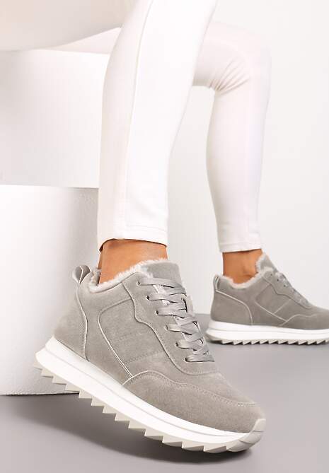 Sneakers Gri Cǎptușiți cu Talpă Plată Închidere cu Șiret și Cusături Duwena