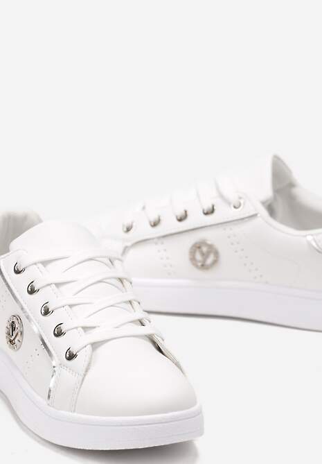Sneakers Albi-Argintii din Imitatie de Piele cu Aplicatie si Cusaturi Decorative Variantia 5