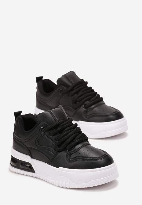 Czarne Sneakersy na Platformie z Imitacji Skóry z Przeszyciami i Sznurowaniem Celende 4
