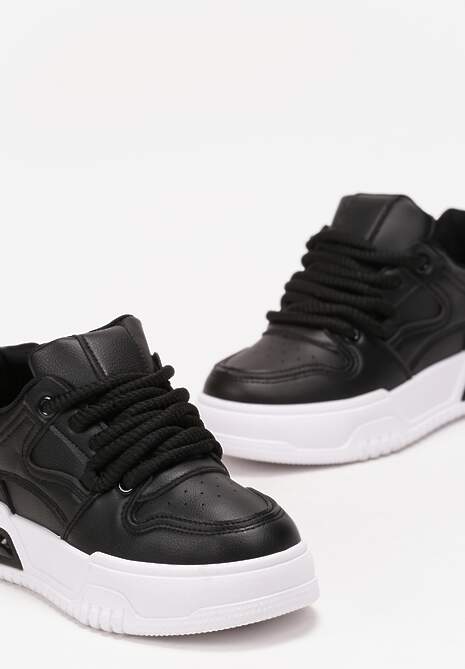 Czarne Sneakersy na Platformie z Imitacji Skóry z Przeszyciami i Sznurowaniem Celende 5