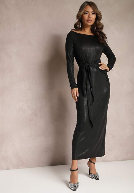 Czarna Połyskująca Sukienka Maxi z Wiązanym Paskiem Graice