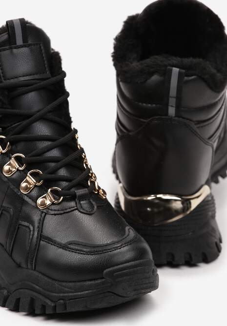 Sneakers negri pe talpă groasă cu cusături decorative și blană Selenita 6
