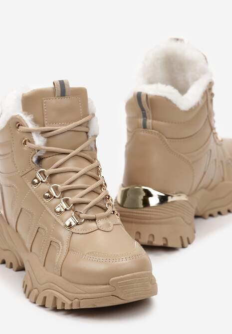 Sneakers bej închis pe talpă groasă cu cusături decorative și blană Selenita 5