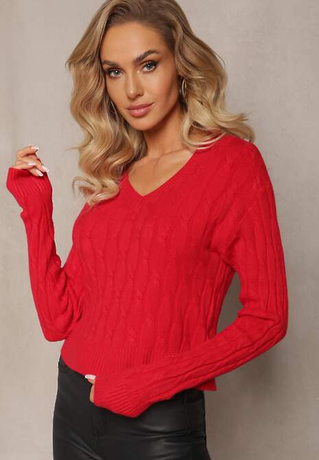 Czerwony Sweter z Dekoltem w Serek i Warkoczykowym Splotem Silmirra 4