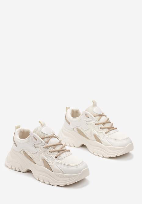 Beżowe Sznurowane Sneakersy na Podeszwie z Wycięciami i Cholewką Przed Kostkę Luminea 4