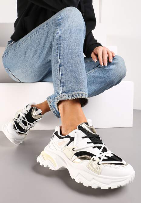 Biało-Czarne Sneakersy z Ekoskóry ze Sznurowaniem Ozdobione Ażurową Siateczką Mochani