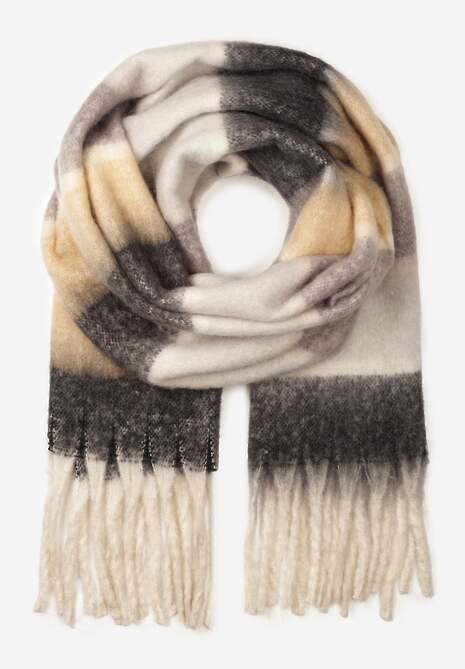 Szary Prostokątny Szalik w Szeroką Kratę z Frędzlami Vansile