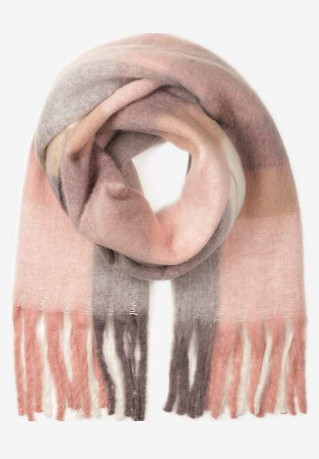 Jasnoróżowy Dzianinowy Szalik Ozdobiony Klasyczną Kratą i Frędzlami Soleria