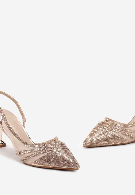 Sandale Șampanie cu Toc Stiletto și Vârf Ascuțit cu Pietre Strass Harmorra 5