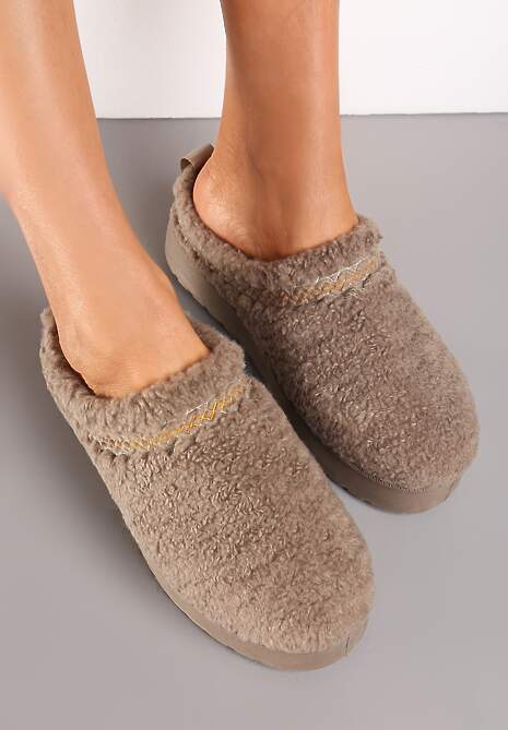 Ciemnobeżowe Kapcie na Platformie z Ozdobną Lamówką Topora 4