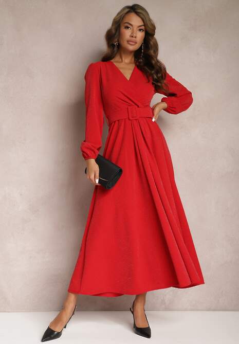 Czerwona Kopertowa Sukienka Maxi o Rozkloszowanym Fasonie z Paskiem Linuia