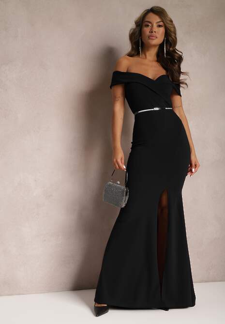 Czarna Taliowana Sukienka Maxi z Rozcięciem Perlina