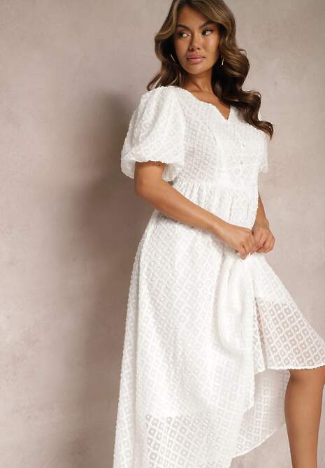 Rochie Albă Cloș Brodată Maxi cu Mânecă Scurtă Garnet 4