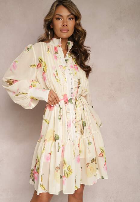 Rochie midi bej deschis plisată cu imprimeu floral cu curea și nasturi Jazai 4