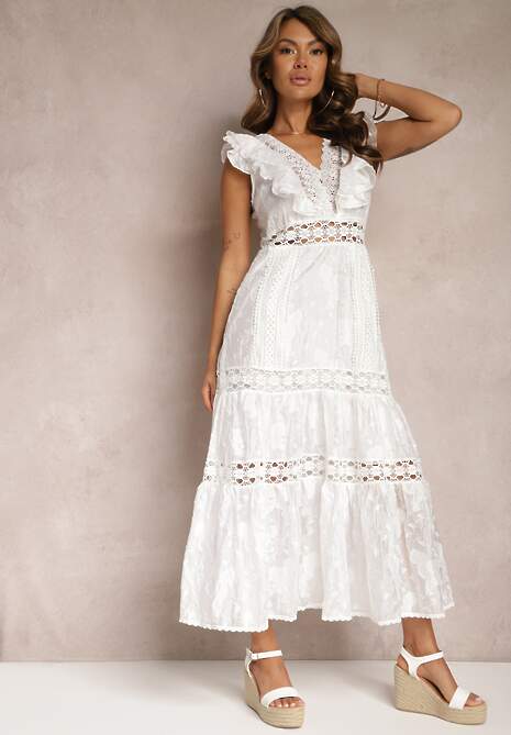 Biała Koronkowa Sukienka z Ażurowymi Wstawkami i Falbanką Rehlia