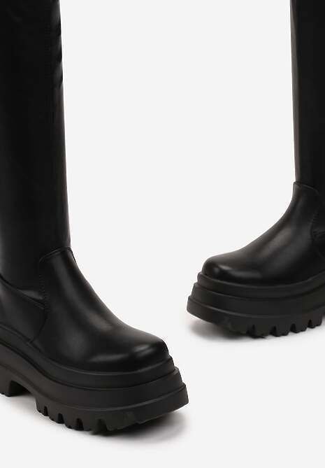Cizme Negre Peste Genunchi din Imitatie de Piele cu Talpa Groasa Zirela 5