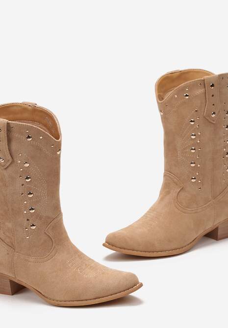 Cizme Cowboy bej cu Inserție din Piele Naturală și Nituri Decorative Tirina 5