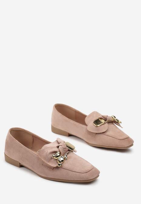Mocasini Roz din piele intoarsa ecologica decorati cu funda si catarama cu ursulet Koralia 4