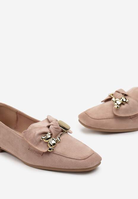 Mocasini Roz din piele intoarsa ecologica decorati cu funda si catarama cu ursulet Koralia 5