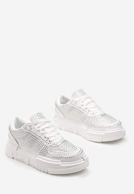 Sneakerși Gabrielia Albi Strălucitori cu Pietre Zirconiu pe Talpă Groasă 4