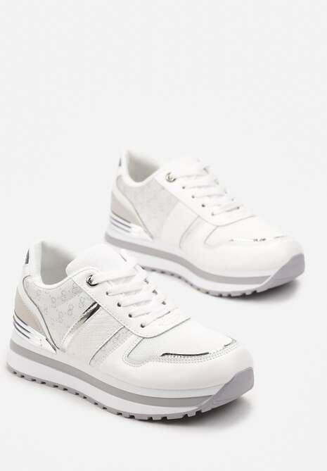 Sneakerși Albi pe Talpă de Spumă cu Șiret și Detalii Strălucitoare Weline 4