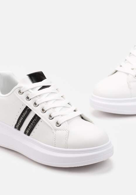 Sneakerși Alb-Negri Înnălțați cu Șiret din Imitatie de Piele Decorați cu Barete cu Pietre Strass Isolinna 5