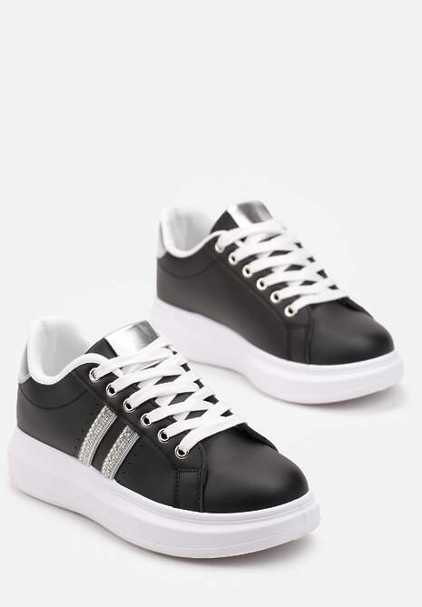 Sneakers negri cu șireturi din imitație de piele decorați cu benzi cu zirconii Isolinna 4