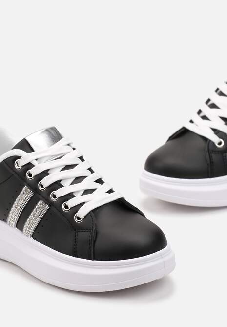 Sneakers negri cu șireturi din imitație de piele decorați cu benzi cu zirconii Isolinna 5
