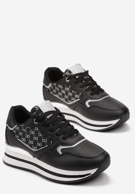 Czarne Sneakersy na Grubej Podeszwie z Metaliczną Wstawką Piria 4