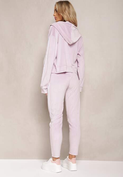 Jasnofioletowy 2-Częściowy Komplet Dresowy z Weluru z Ozdobnymi Lampasami Bluza i Spodnie Anelpe 4