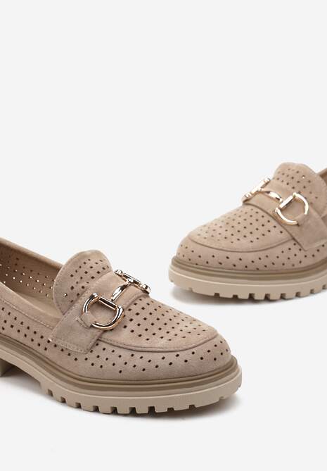 Mocasini Bej din piele intoarsa ecologica cu catarama decorativa Vleggia 5