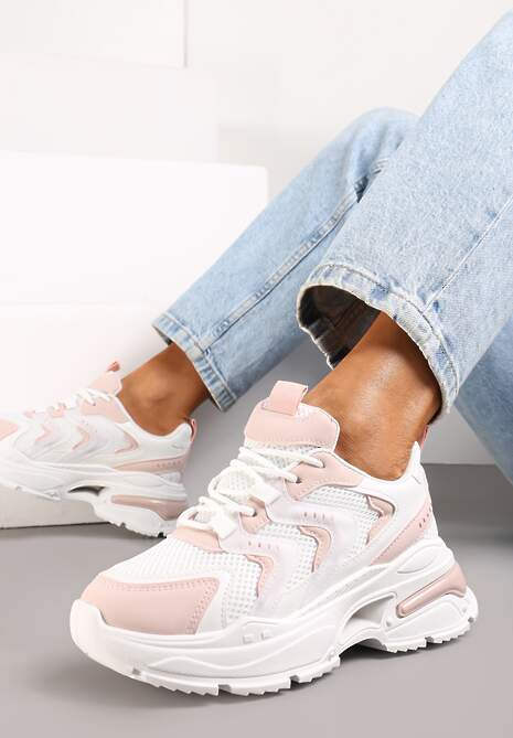 Biało-Różowe Sneakersy na Grubej Podeszwie z Metalicznymi Wstawkami Seta