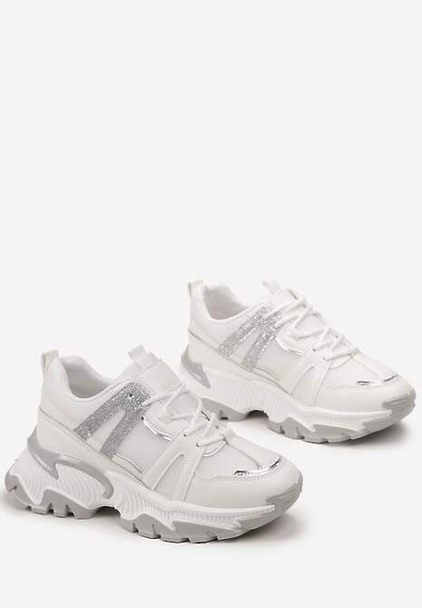 Białe Sznurowane Sneakersy na Grubej Podeszwie ze Wstawkami i Brokatem Widgeta 4