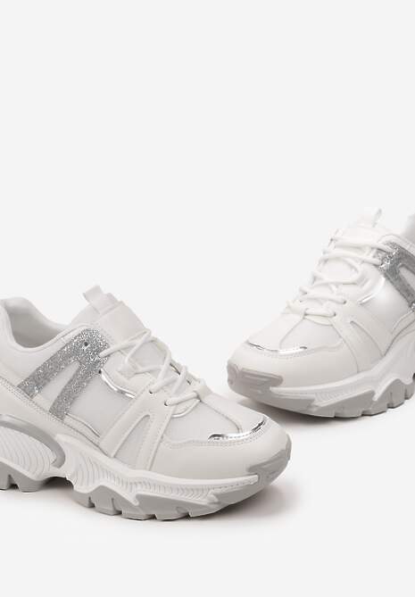 Białe Sznurowane Sneakersy na Grubej Podeszwie ze Wstawkami i Brokatem Widgeta 5