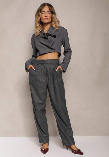Ciemnoszare Szerokie Spodnie z Kieszeniami o Garniturowym Kroju Verati