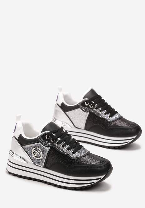Sneakers Negri Sclipitori pe Talpă Groasă cu Șiret și Monogramă Miviena 4
