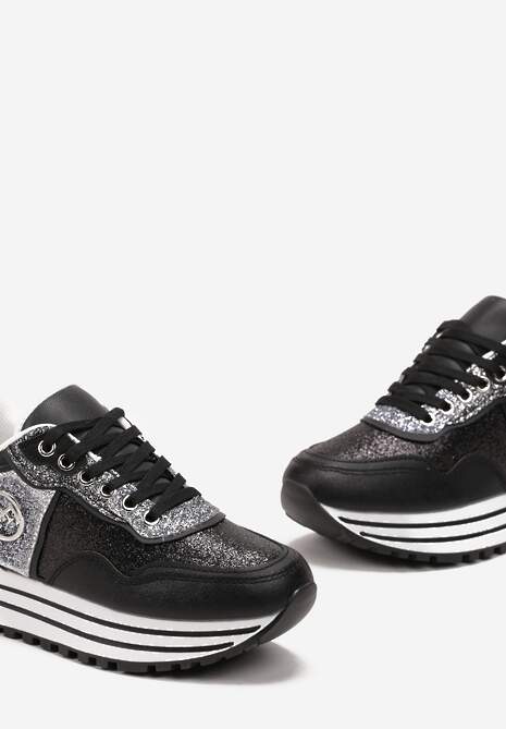 Sneakers Negri Sclipitori pe Talpă Groasă cu Șiret și Monogramă Miviena 5