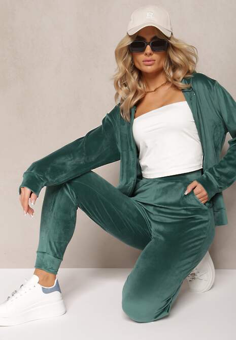 Set trening din catifea verde închis Arislo cu bluză cu glugă și pantaloni drepți 4
