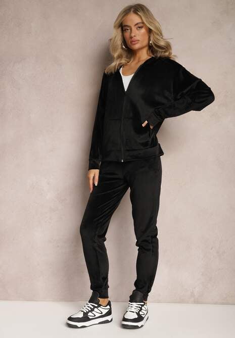 Czarny Welurowy Komplet Dresowy 2-Częściowy z Bluzą z Kapturem i Spodniami Fiksena