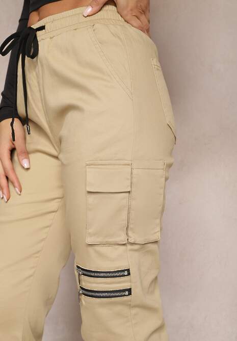 Bej Pantaloni din Bumbac cu Buzunare Cargo și Jogger Aniret 5