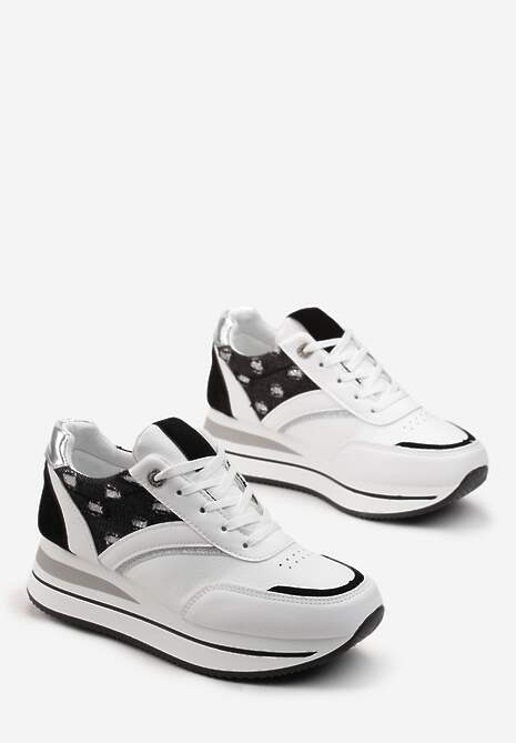 Sneakerși Albi-Negri cu Șiret din Piele Ecologică cu Inserții Strălucitoare Fiviara 4