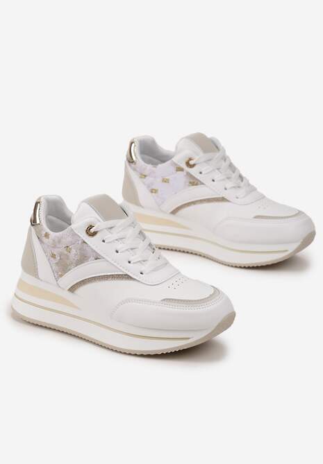 Sneakers Albi-Bej din Piele Ecologică cu Șiret și Inserții Strălucitoare Fiviara 4